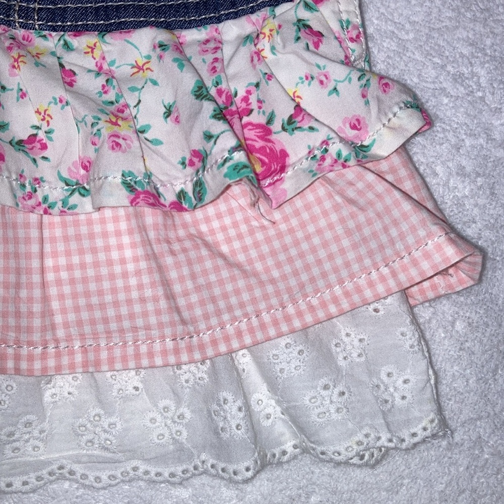 OshKosh B'Gosh Denim Overalls Dress  Tiered VestBack Flowers Gingham Pink 9m - Picture 2 of 7